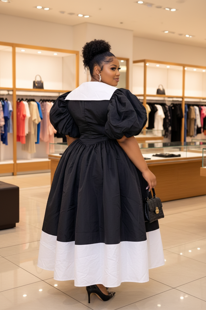 Black & White Balloon Sleeve Dress – Back