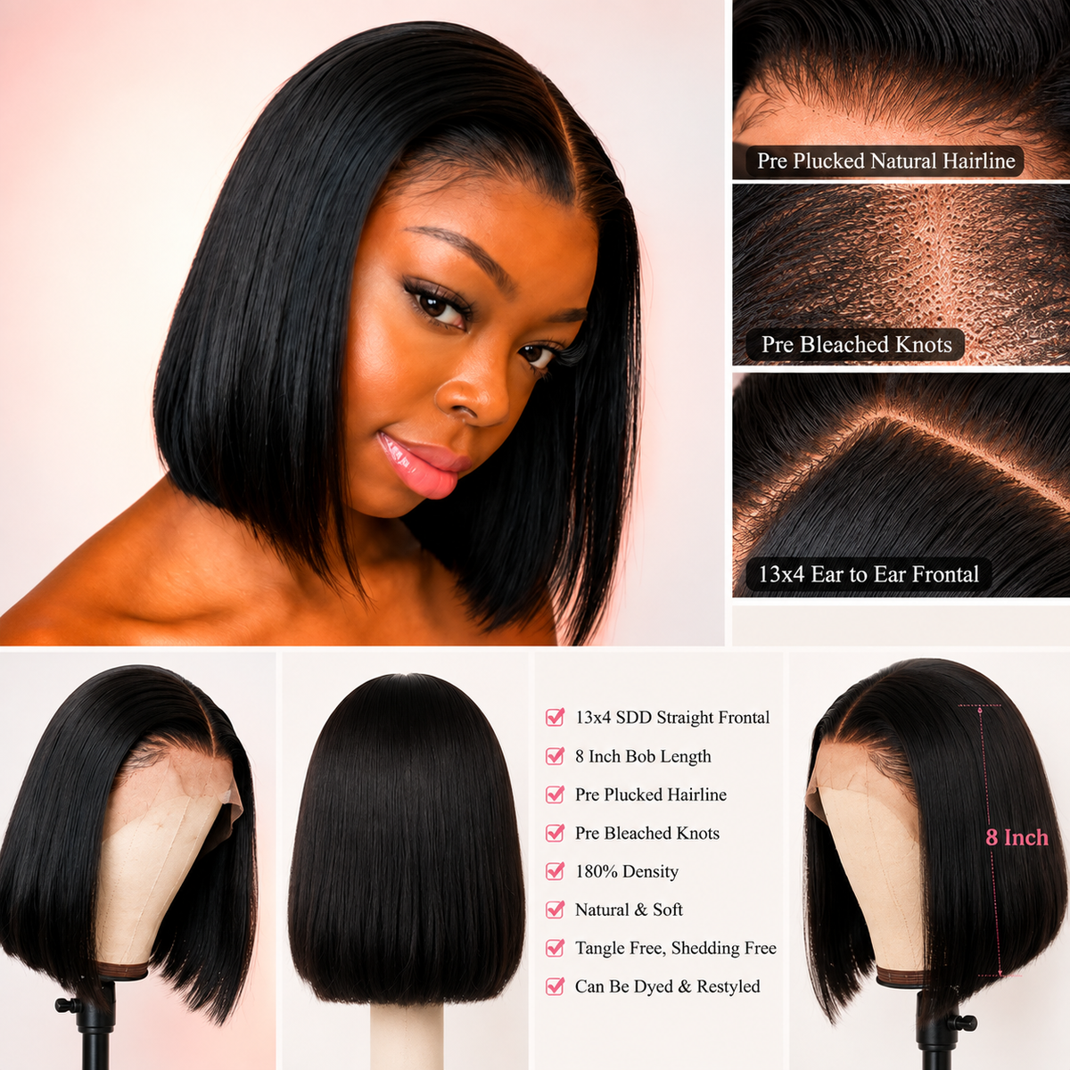 13x4 SDD Straight Frontal Bob Wig – 8 Inch
