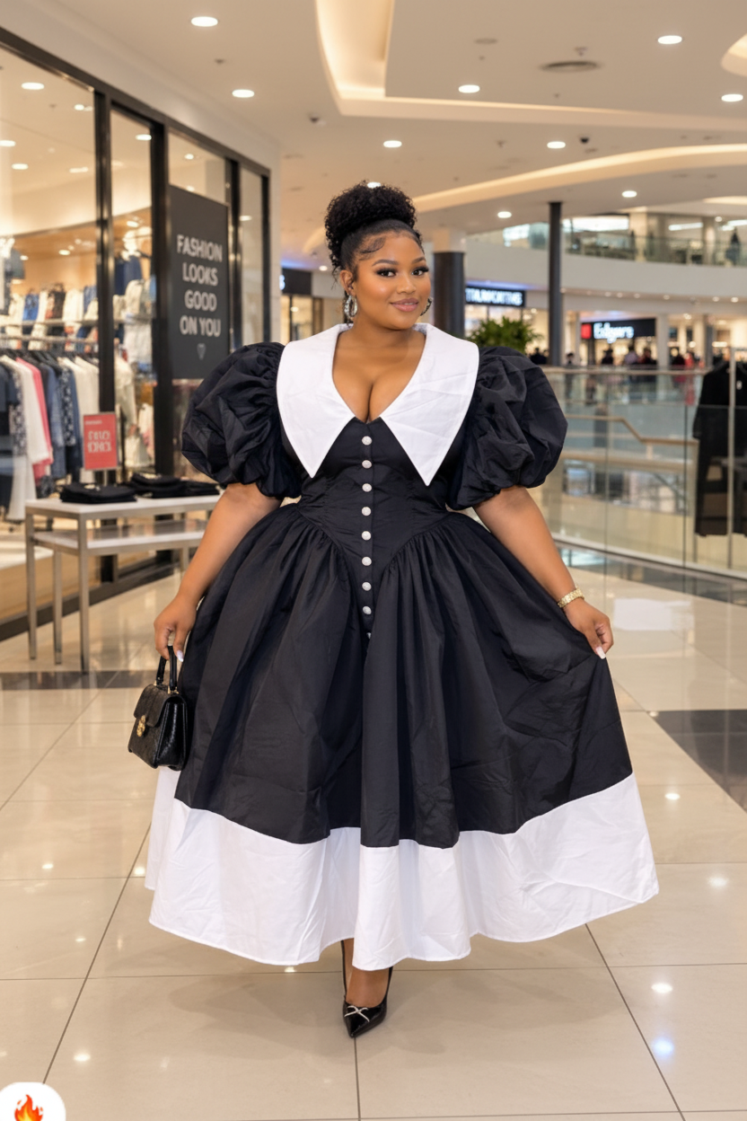 Black & White Balloon Sleeve Dress – Front