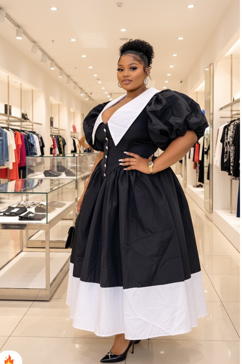 Black & White Balloon Sleeve Dress – Side